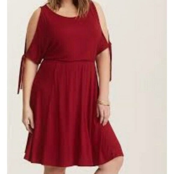 torrid Dresses & Skirts - Torrid Cold Shoulder Jersey Skater Dress Tie Sleeve 3X Red Wine Swing Soft